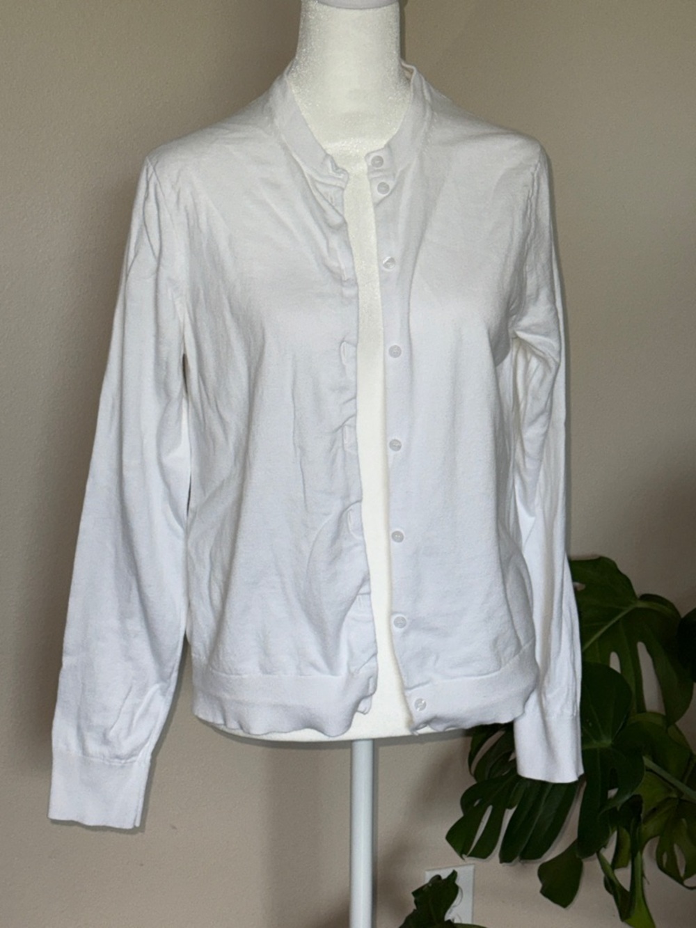 J Crew Classic White Button-Up Cardigan, large